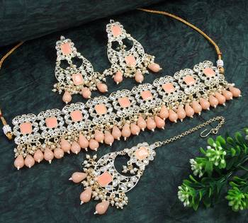 Lalso diva fashionable peach stone kundan choker necklace jewellery set - ll-1006 ph 1
