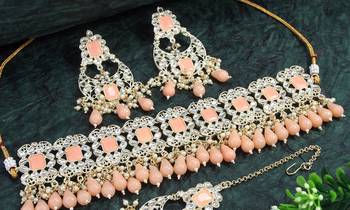 Lalso diva fashionable peach stone kundan choker necklace jewellery set - ll-1006 ph 2