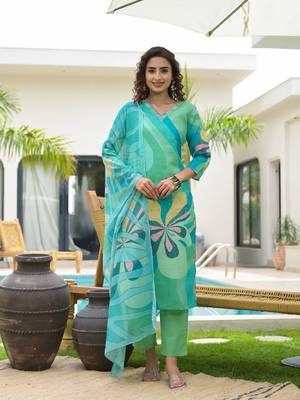  green digital print linen cotton have a lining kurta trouser and dupatta set 1