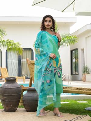  green digital print linen cotton have a lining kurta trouser and dupatta set 2
