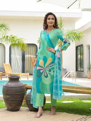  green digital print linen cotton have a lining kurta trouser and dupatta set 5