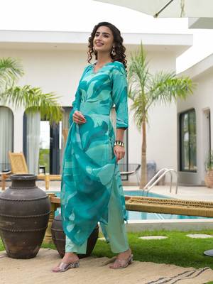 green digital leaf print linen cotton have a lining kurta trouser and dupatta set 5