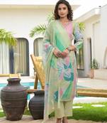  green digital floral print linen cotton have a lining kurta trouser and dupatta set
