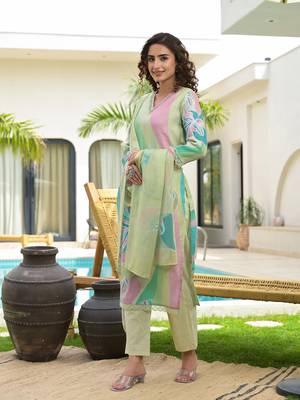  green digital floral print linen cotton have a lining kurta trouser and dupatta set 5