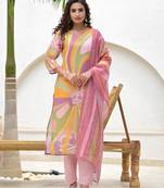 Yufta multi digital print linen cotton have a lining kurta trouser and dupatta set
