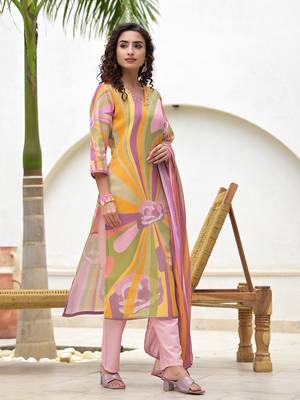 Yufta multi digital print linen cotton have a lining kurta trouser and dupatta set 5