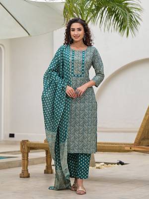  embroidered printed teal green cotton kurta set with dupatta set 1
