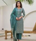  embroidered printed teal green cotton kurta set with dupatta set