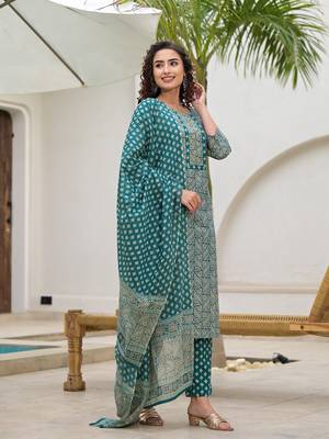  embroidered printed teal green cotton kurta set with dupatta set 2