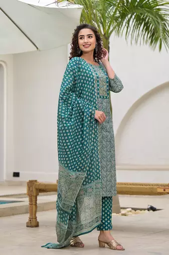 embroidered printed teal green cotton kurta set with dupatta set