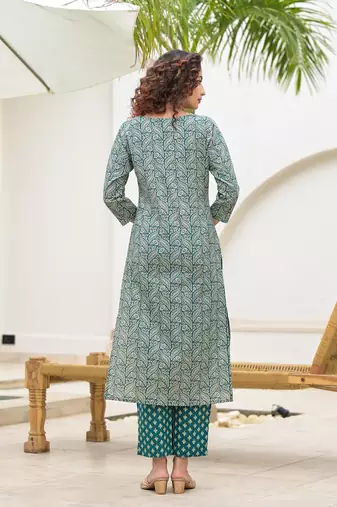  embroidered printed teal green cotton kurta set with dupatta set
