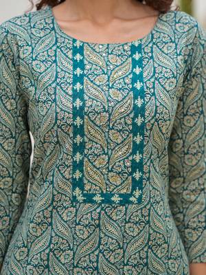  embroidered printed teal green cotton kurta set with dupatta set 4