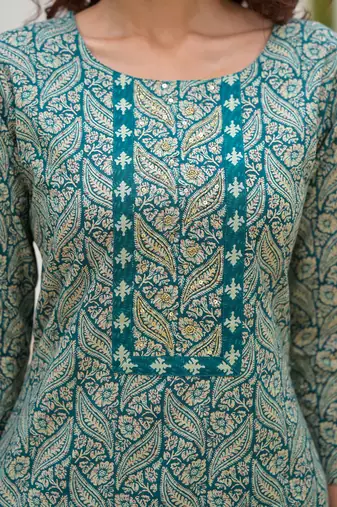  embroidered printed teal green cotton kurta set with dupatta set