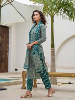  embroidered printed teal green cotton kurta set with dupatta set 5