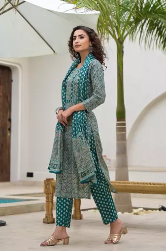  embroidered printed teal green cotton kurta set with dupatta set