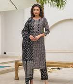 embroidered printed black cotton kurta set with dupatta set