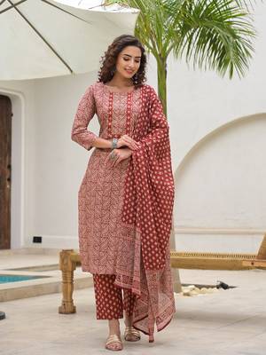 embroidered printed maroon cotton kurta set with dupatta set 1