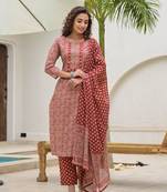 embroidered printed maroon cotton kurta set with dupatta set