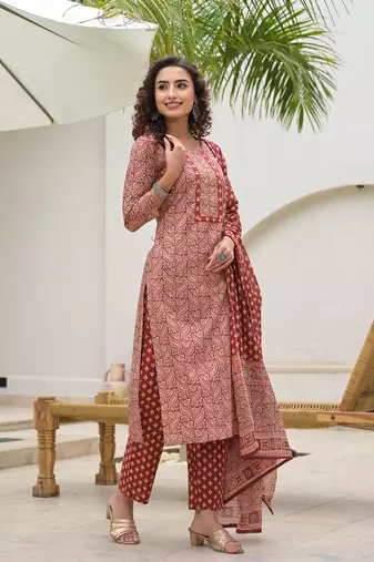 embroidered printed maroon cotton kurta set with dupatta set