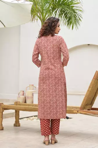 embroidered printed maroon cotton kurta set with dupatta set