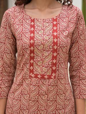 embroidered printed maroon cotton kurta set with dupatta set 4