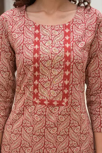 embroidered printed maroon cotton kurta set with dupatta set