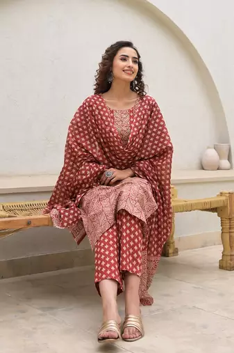 embroidered printed maroon cotton kurta set with dupatta set