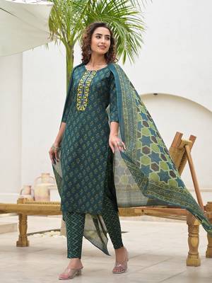  green cotton thread work sequins work zari work kurta set with dupatta set 1