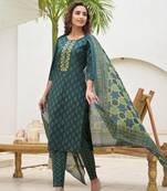  green cotton thread work sequins work zari work kurta set with dupatta set