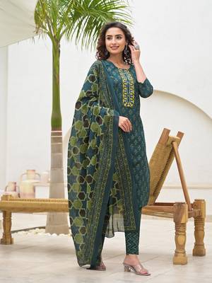  green cotton thread work sequins work zari work kurta set with dupatta set 2