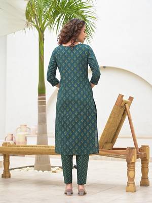 green cotton thread work sequins work zari work kurta set with dupatta set 3