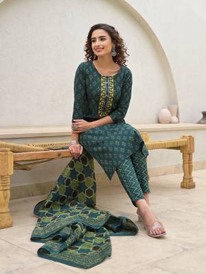  green cotton thread work sequins work zari work kurta set with dupatta set 5