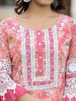 Yufta peach floral print straight pakistani style kurta trouser and dupatta set 4
