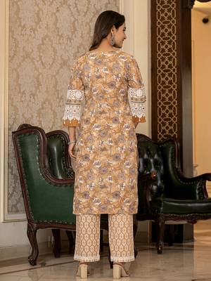 Yufta mustard floral print straight pakistani style kurta trouser and dupatta set 3