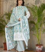 Yufta white and sky blue floral print pakistani style kurta trouser and dupatta set with lace work