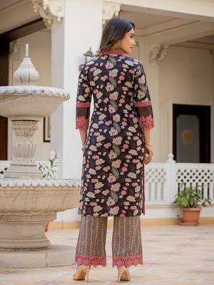 Yufta black floral print pakistani style kurta trouser and dupatta set with lace work 3