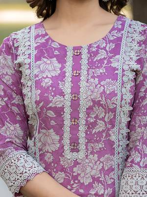 Yufta purple floral print straight pakistani style kurta trouser and dupatta set with lace work 4