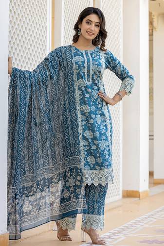Yufta blue floral print straight pakistani style kurta trouser and dupatta set with lace work