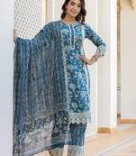 Yufta blue floral print straight pakistani style kurta trouser and dupatta set with lace work