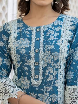 Yufta blue floral print straight pakistani style kurta trouser and dupatta set with lace work 4