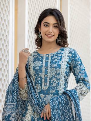 Yufta blue floral print straight pakistani style kurta trouser and dupatta set with lace work 5