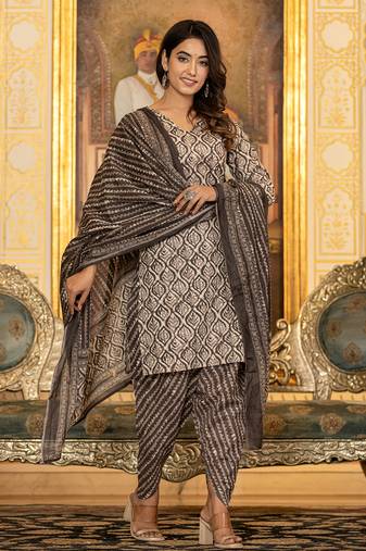 Yufta grey ethnic motifs straight kurta trouser and dupatta set