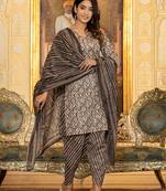 grey ethnic motifs straight kurta trouser and dupatta set
