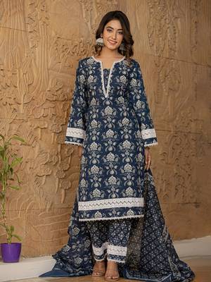  blue floral print pakistani style kurta trouser and dupatta set 1
