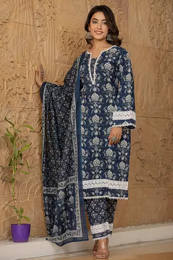  blue floral print pakistani style kurta trouser and dupatta set