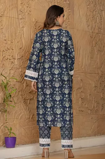  blue floral print pakistani style kurta trouser and dupatta set