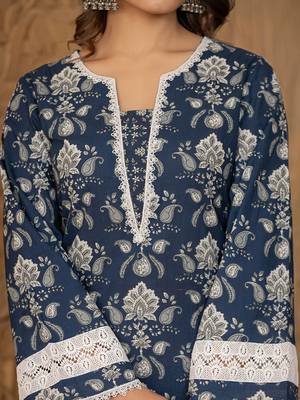  blue floral print pakistani style kurta trouser and dupatta set 4