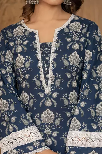  blue floral print pakistani style kurta trouser and dupatta set