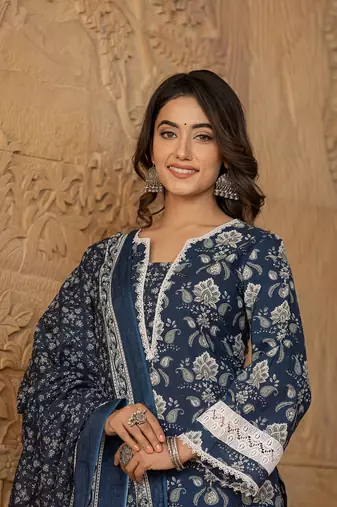  blue floral print pakistani style kurta trouser and dupatta set
