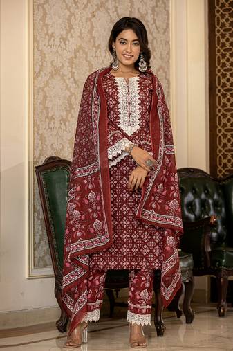  maroon floral print pakistani style kurta trouser and dupatta set